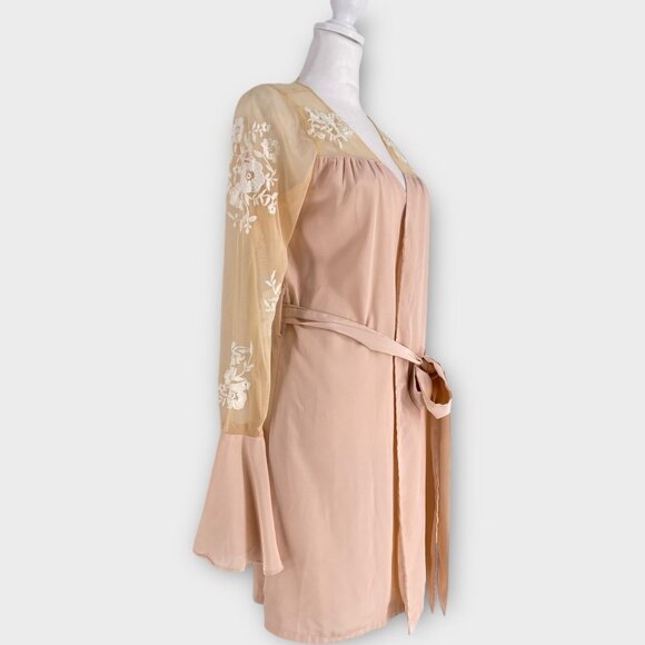 Robed with Love Hildy Robe Pink Floral Embroidered Sheer Illusion Bell Sleeves - Picture 4 of 14